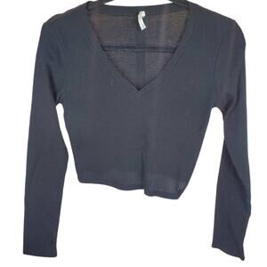 Bozzolo Black V-Neck Long Sleeve Ribbed Crop Top M